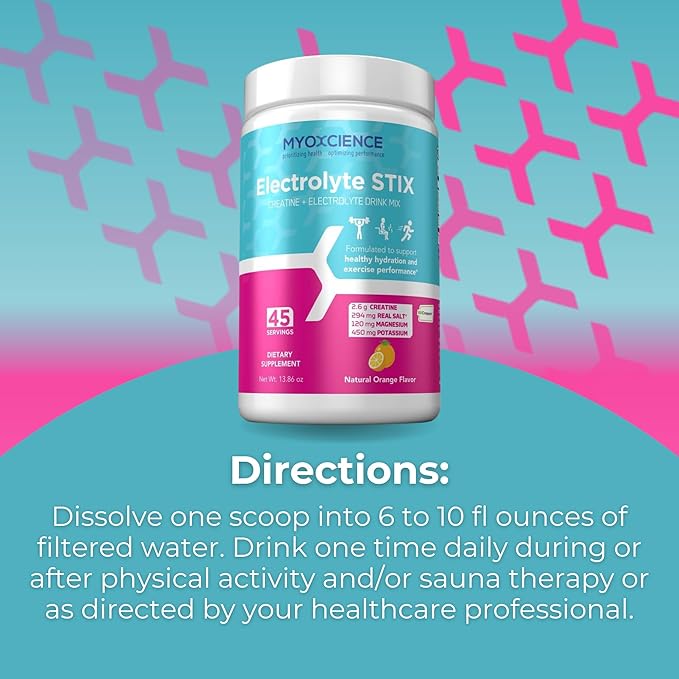 MYOXCIENCE Electrolyte STIX | Creatine Electrolyte Powder | Recovery from Exercise &amp Muscle Development w/Real Salt (Natural Orange Flavor) (Jar 45 ct)