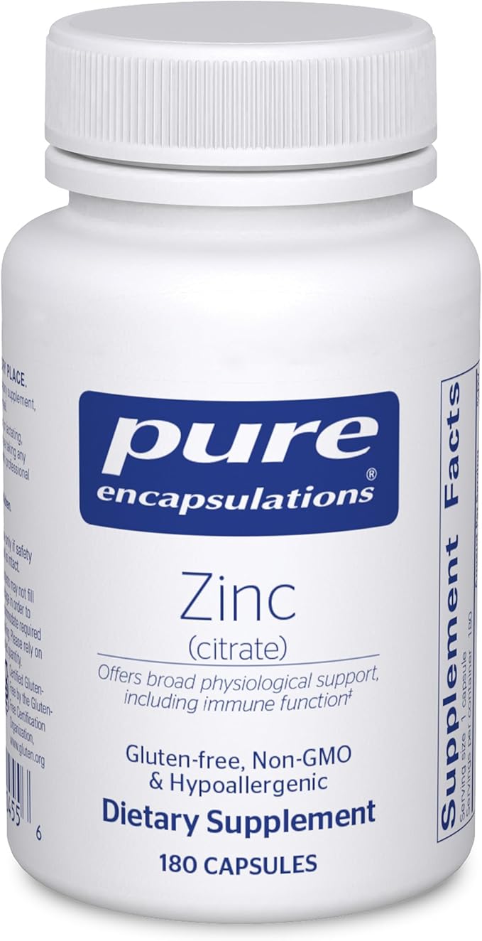 Pure Encapsulations Zinc (Citrate) - for Immune System Tissue Development &amp Metabolism* - Mineral Supplement with Enzymes - Highly Absorbable Zinc - Vegan &amp Non-GMO - 180 Capsules
