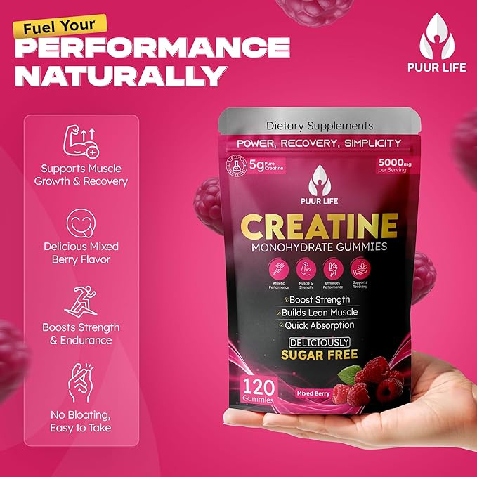 Creatine Monohydrate Gummies 5000mg – 5g per Serving – Sugar Free Vegan Creatine Supplement for Men &amp Women – Muscle Growth Strength Recovery &amp Energy – 120 Count Mixed Berry Flavor