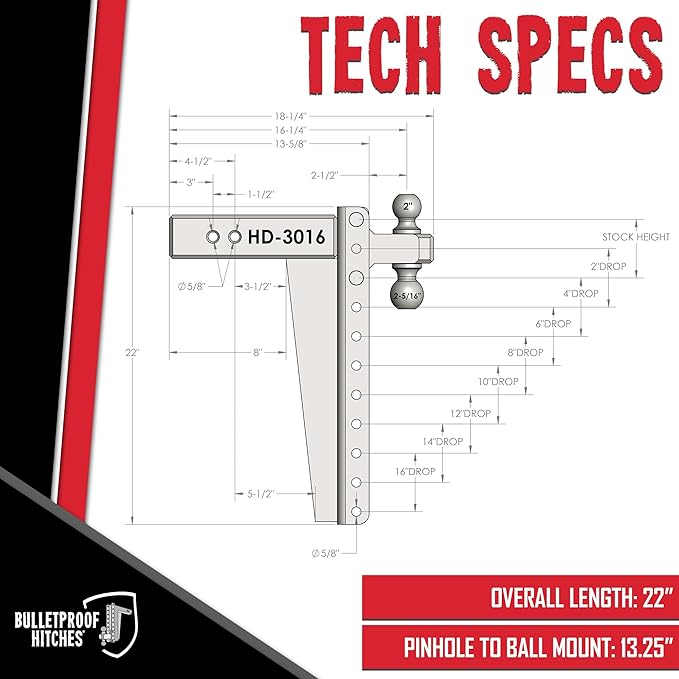 BulletProof Hitches - 3.0 Adjustable Heavy Duty Trailer Hitch (22000 lb. Rating) - 16 Drop/Rise Trailer Hitch with 2 &amp 2-5/16 Dual Ball - Powder Coat Solid Steel Corrosion-Resistant