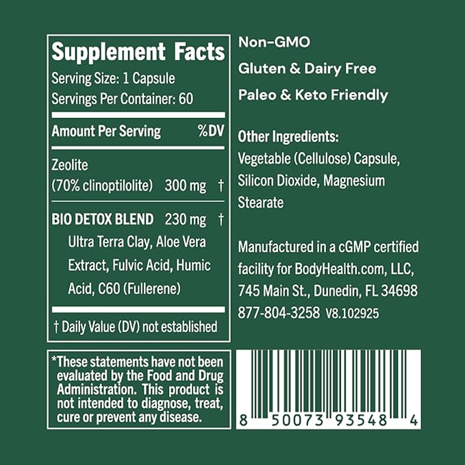 BodyHealth Bio Detox 300mg - Zeolite &amp Terra Clay Complex – Natural Detox Support with Fulvic &amp Humic Acids for Gut Balance and Cellular Protection - 60 Capsules