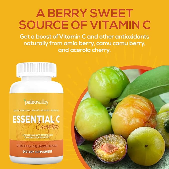 Paleovalley Essential C Complex - Vitamin C Supplement for Immune Support - 1 Pack 450mg - Organic Superfoods Unripe Acerola Cherry Camu Camu Amla Berry - No Synthetic Ascorbic Acid - USA Made