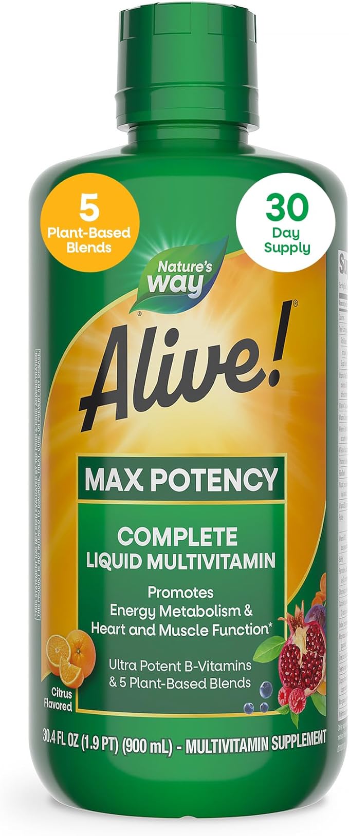 Nature’s Way Alive! Max Potency Complete Liquid Multivitamin Liquid Vitamin Promotes Energy Metabolism Heart &amp Muscle Function* with Vitamins A B C D Multivitamins for Women &amp Men 30.4