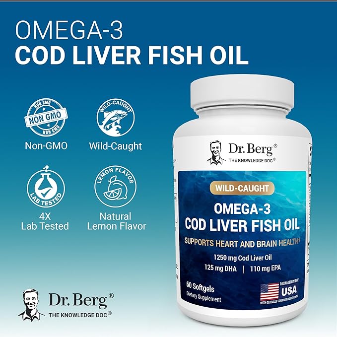 Dr. Berg Omega-3 Cod Liver Fish Oil 60 Softgels – Wild-Caught Icelandic Cod – Omega 3 EPA &amp DHA – Heart Brain Immune &amp Eye Support* – Lemon Flavor – 4X Lab-Tested – Non-GMO No Fillers