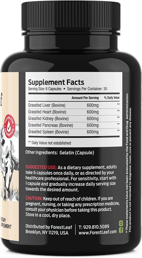 ForestLeaf Beef Organ Supplement - Grass Fed &amp Pasture Raised - Total Body Wellness &amp Performance Organ Complex with 3000mg of Desiccated Beef Liver Heart Kidney Pancreas Spleen (180 Caps