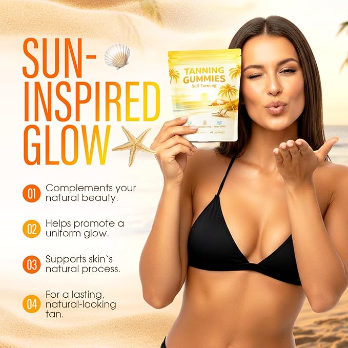Tanning Gummies with Vitamin C &amp E Astaxanthin Beta Carotene for Natural Looking Glow Bronzing Non-GMO Vegan &amp Sugar Free - 60 Count (Mango)
