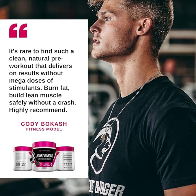 Honey Badger Pre Workout Powder &amp BCAA Amino Acids Powder Bundle | Beta Alanine Caffeine &amp Vitamin C + Electrolytes | Vegan Keto Sugar Free &amp Paleo for Men &amp Women | 30 Servings (Wild