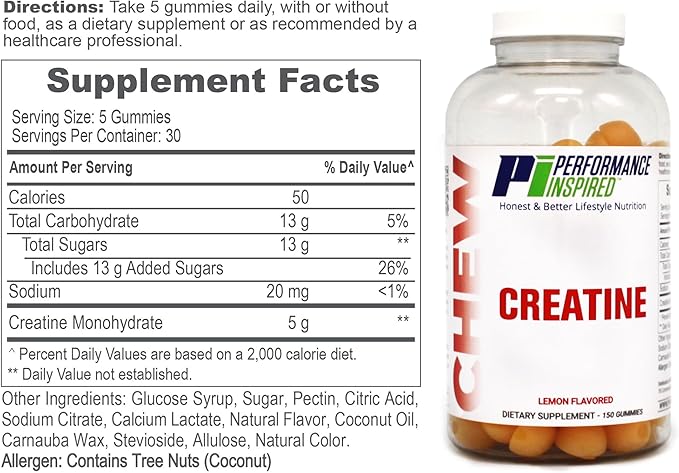 PERFORMANCE INSPIRED Creatine Gummies – 5g Creatine Monohydrate – Muscle Recovery &amp Strength Support – Lemon Flavor – 150 Count