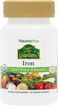 NaturesPlus Source of Life Garden Iron - 30 Quick-Release Capsules - Plant-Based Iron Supplement with 20+ Whole-Food Extracts - Fast Acting - USDA Certified Organic - 30 Servings