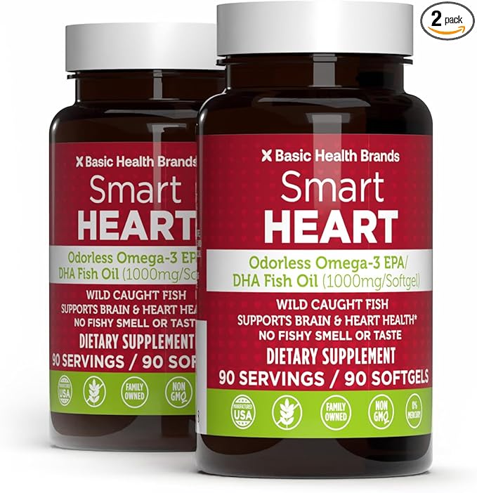 Basic Brands Smart Heart Odorless Omega-3 Fish Oil 1000mg - Triple Strength EPA &amp DHA Non-GMO Heart &amp Cognitive Support - 90 Burpless Softgels - 2-Pack