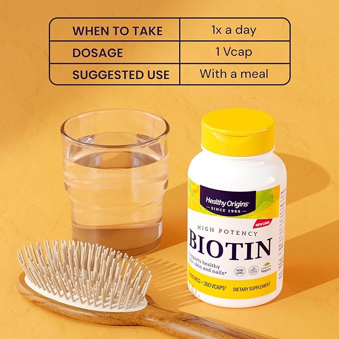 Healthy Origins Biotin 5000 mcg (5 mg) 360 Veggie Capsules - High Potency USP Grade Vitamin B7 Supplement - Supports Healthy Hair Growth Strong Nails &amp Glowing Skin - Non-GMO Vegan &amp Glute