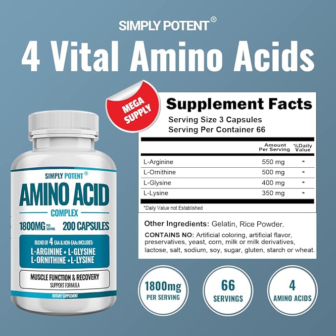 Simply Potent Amino Acid Complex 1800mg 200 Capsules Blend of 4 Essential and Non Essential Amino Acids Includes L-Arginine 550mg L-Ornithine 500mg L-Glysine 400mg &amp L-Lysine 350mg for Muscle