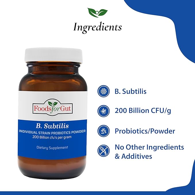 Foods For Gut Bacillus Subtilis Probiotic Powder 200 Billion cfu's | No Additives | Direct from Manufacturer | No Third-Party Storage| Digestive &amp Immune Support | B. Subtilis | 30 Gram (1.05 Oz)