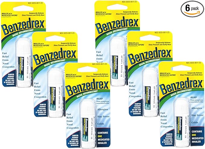 Benzedrex Nasal Decongestant Inhaler | Medicated Vapor Relief for Sinus Pressure Nasal Congestion Allergies Hay Fever &amp Colds | Pack of 6