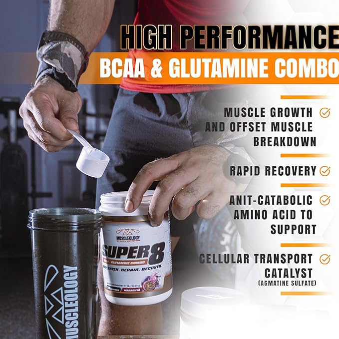Super 8 High Performance BCAA Electrolyte &amp Glutamine Blend Formula - Post-Workout Recovery and Muscle Building Supplement 30 Serving (Maracuya)