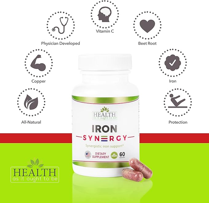 Health As It Ought To Be Iron Syn3rgy Supplement | Physician Formulated Capsules with Iron Copper Beet Root Vitamin C | 60 Capsules