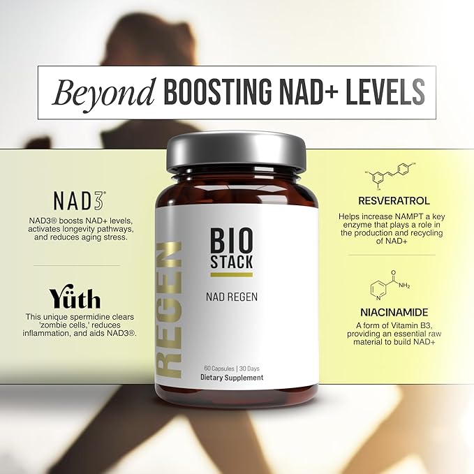 BIOSTACK NAD Regen - Advanced NAD+ Supplement with NAD3 Yüth Spermidine Resveratrol Niacinamide | NMNH Alternative | Anti Aging Longevity &amp Cellular Health Vitamin B3 Complex (360 Capsules)