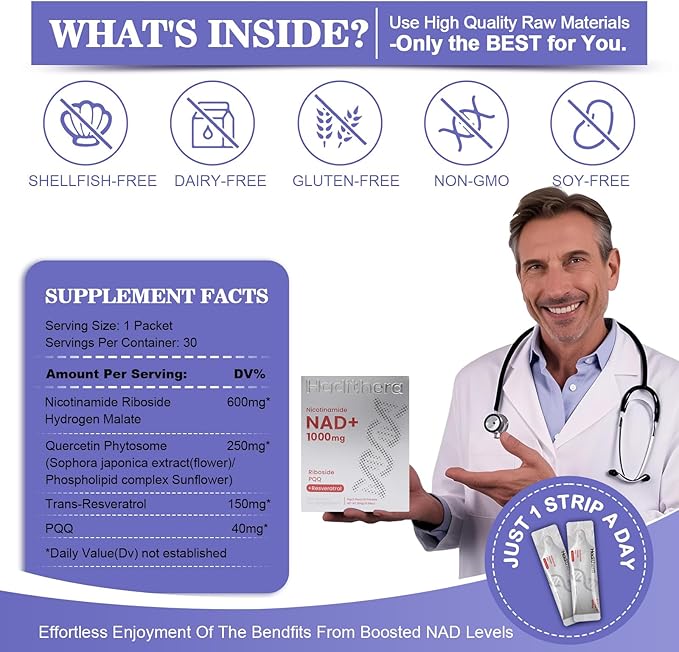 NAD Supplement 1000mg Synergistic Blend with Nicotinamide Riboside PQQ &amp Resveratrol - Premium Anti-Aging Supplement for Cellular Energy Mental Clarity and Longevity (30 Packets)