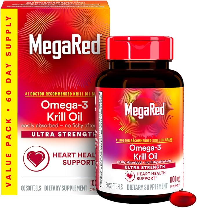 MegaRed Ultra Strength 1000mg Omega-3 Krill Oil Supplement with EPA/DHA Astaxanthin &amp Phospholipids No Fish Oil Aftertaste Supports Heart Brain Joint and Eye Health 60 Count Softgels (3 Pack)