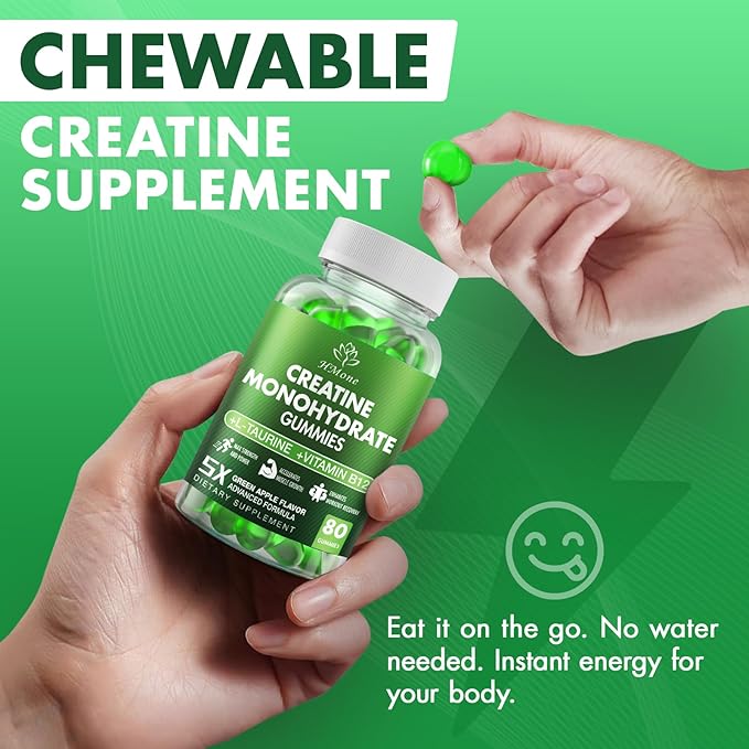 Creatine Monohydrate Gummies - 5g for Men &amp Women 160 Count and Creatine Chewable Supplements for Muscle Gain Muscle Strength Green Apple Flaavor
