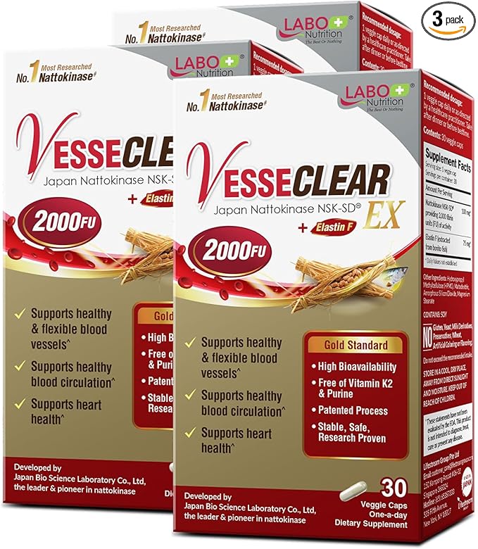 LABO Nutrition VesseCLEAR EX: Artery Cleanse &amp Elasticity Support Supplement | Blood Pressure Circulation Clean Arteries Heart Health Formula | Nattokinase NSK-SD + Elastin F | DR Capsules [3 Pa