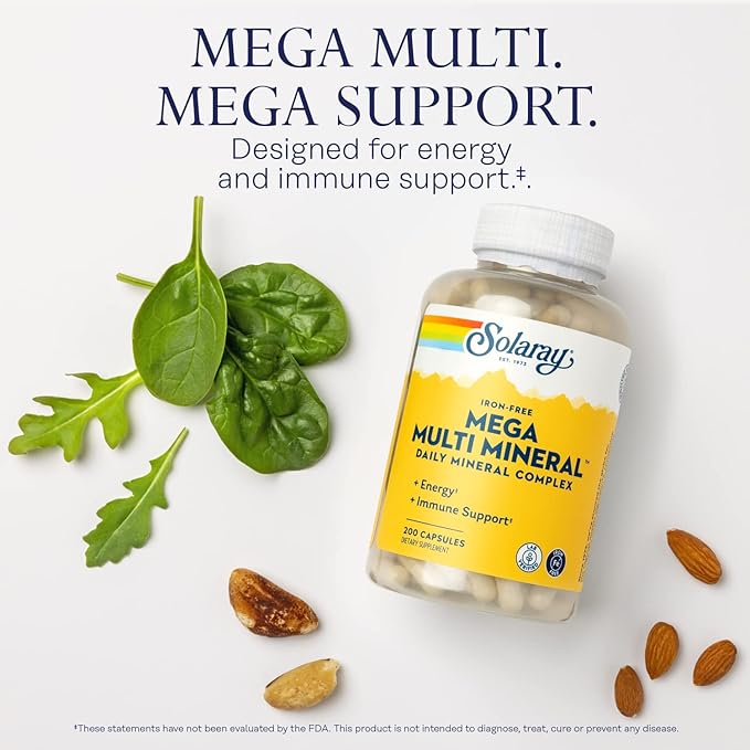 SOLARAY Mega Multi Mineral Iron Free - Daily Mineral Supplement w/Trace Minerals Electrolytes Calcium Magnesium Zinc Selenium Boron -Cellular Energy Immune Support 60-Day Guarantee 50 Serv