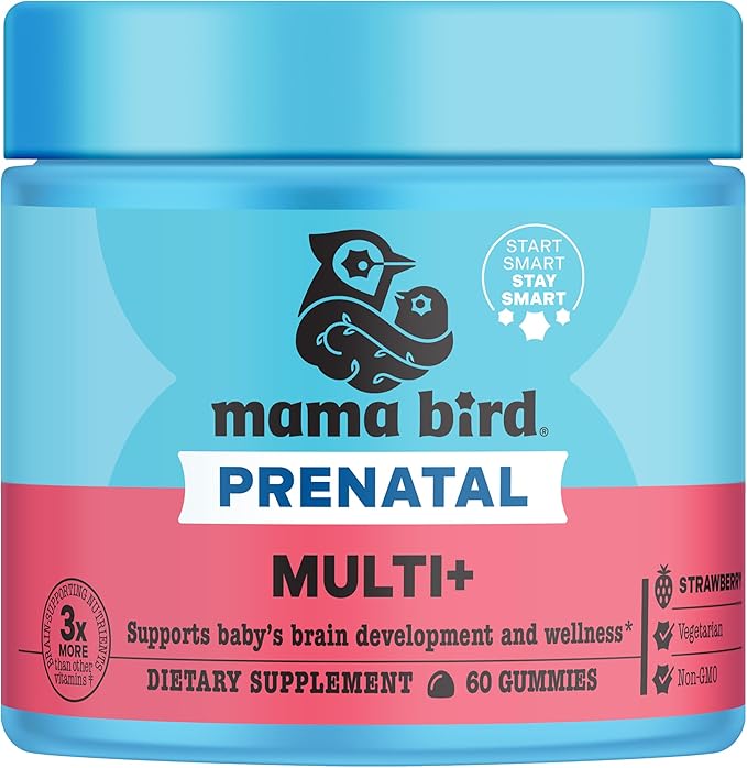 Best Nest Wellness Mama Bird Prenatal Multi Plus - Iron Free Prenatal Care Supplement Supports Brain &amp Digestive Health - Vegan Multivitamin with Methylfolate - Strawberry 60 Gummies (30 Servings