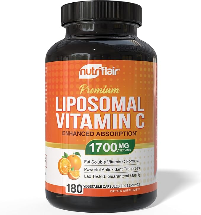 NutriFlair Liposomal Vitamin C 1700mg 180 Capsules - High Absorption Fat Soluble VIT C Higher Bioavailability Immune System Support &amp Collagen Booster Non-GMO Vegan Pills