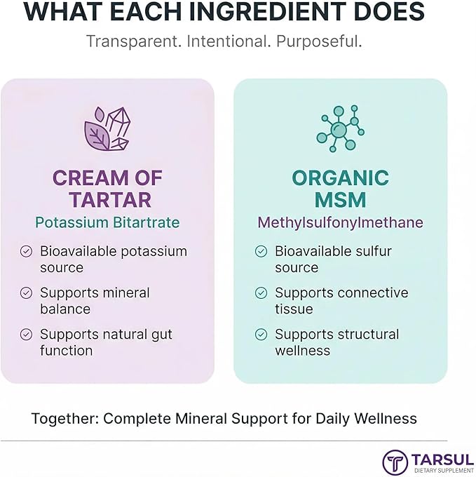 Cream of Tartar + Organic MSM Capsules – Grape-Derived Potassium &amp Sulfur Formula - Foundational Daily Mineral Support - 60 Count