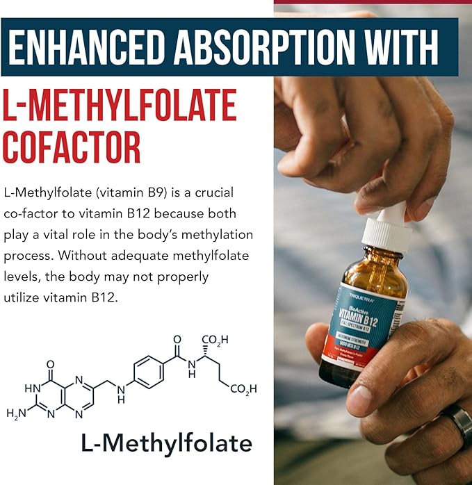 BioActive Vitamin B12 5000 mcg | 3 BioActive Forms Plus Methylfolate Cofactor - Methylcobalamin Adenosyl &amp Hydroxy | Sublingual Liquid Drops Berry Flavor Organic Non-GMO Vegan (1 oz)