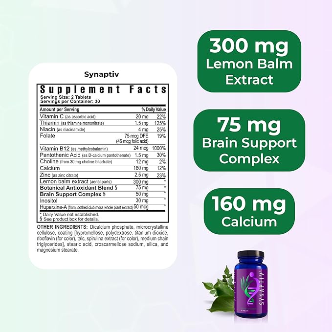 Youngevity Synaptiv™ Brain Support - 12in1 - Ginkgo Huperzine Bacopa Quercetin and More - with Potent Antioxidant Blend + Vitamins - 60 Tablets (Pack of 1)