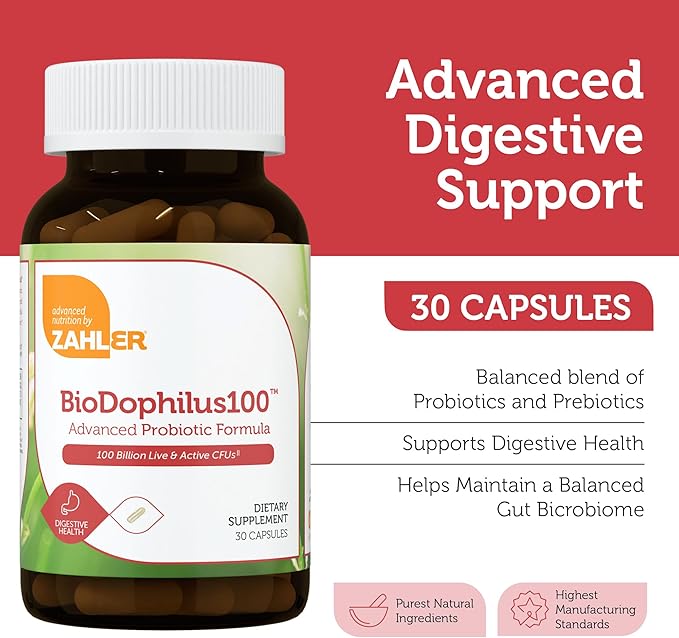 Zahler BioDophilus100-100 Billion Probiotic - 100 Billion CFU 11-Strain Gut Health Probiotic Supplement - Prebiotics/Probiotics for Digestive Health Probiotics for Women and Men. (30 Ct)