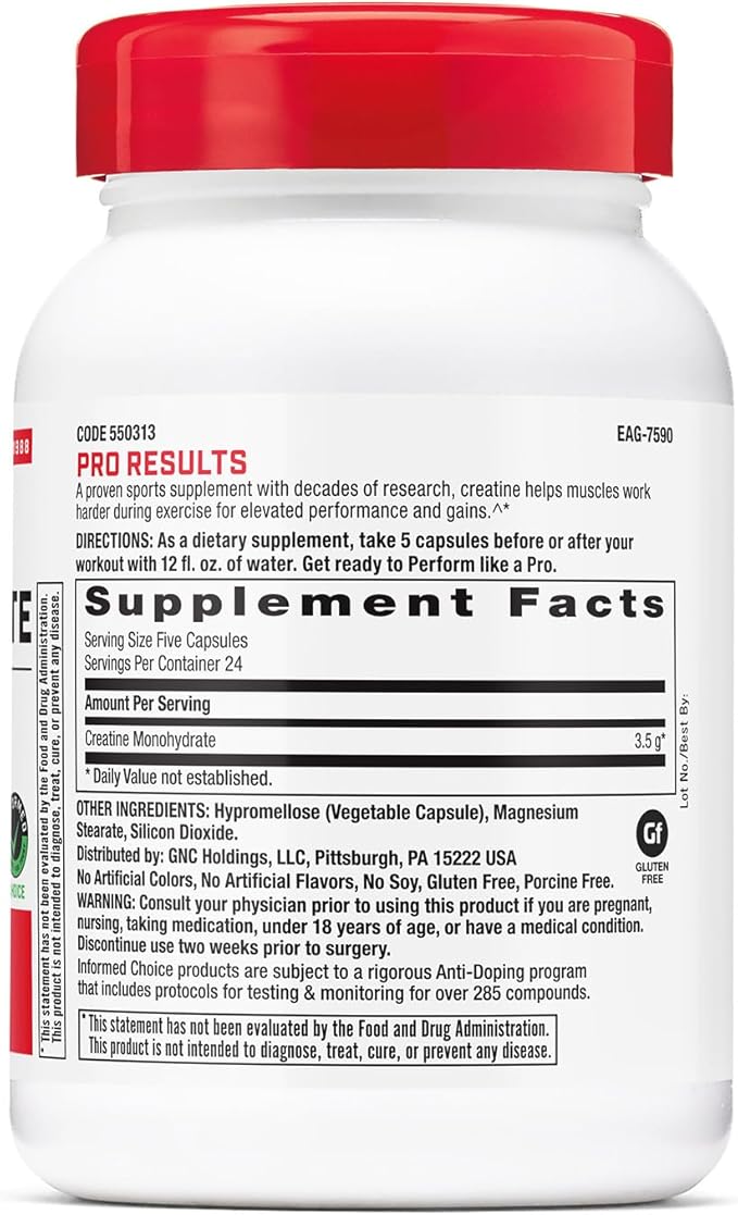 GNC Pro Performance Creatine Monohydrate Improves Muscle Building Endurance Performance 3.5g 120 Capsules