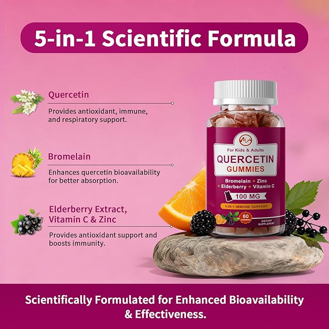 M inch (2 Pack) Quercetin Gummies with Bromelain Elderberry Zinc and Vitamin C - Chewable Quercetin 100mg Supplement for Immunity Allergy Aging Support - Vegan Gummies for Adult &amp Kid