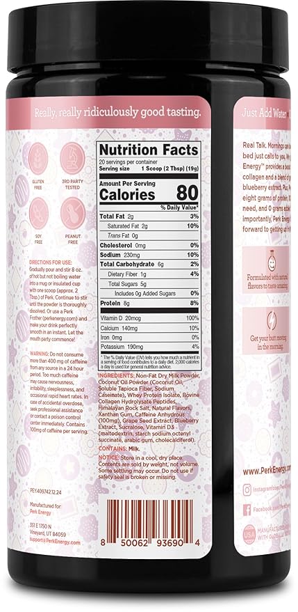 Perk Energy Drink Mix (Sugar Cookie) 20 Servings - Caffeinated Healthy Coffee Alternative with Protein 100mg of Caffeine Gluten-Free Soy-Free Peanut-Free