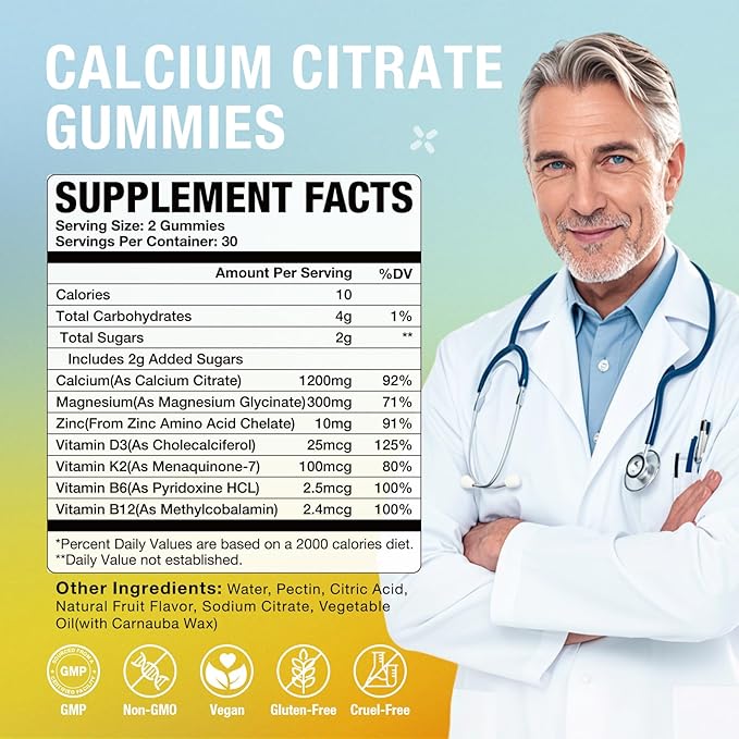 Calcium Citrate Gummies Calcium 1200mg with Vitamin D3 B6 B12 Magnesium Zinc Calcium Supplements for Women and Men Support Bone &amp Muscle Health 120 Chews