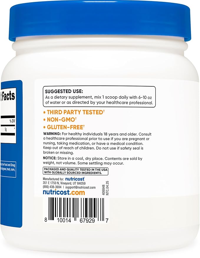 Nutricost L-Arginine Powder 500 Grams (1.1lbs) - Pure L-Arginine Powder - 5000mg Per Serving 100 Servings