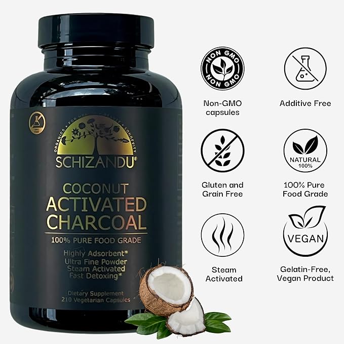 Schizandu Activated Coconut Charcoal Capsules- Supports Health - Vegan Organic Non-GMO No Additives - X-Large Bottle 210 Count - Pack of 2