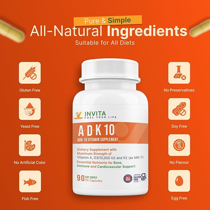 INVITA ADK 10 Vitamin Supplement – 90 Capsules – High Potency of Vitamin A D3 10000 IU &amp K2-MK7 – Physician Formulated ADK for Bone Heart &amp Immune Support – Non-GMO Gluten Free (3-Month S