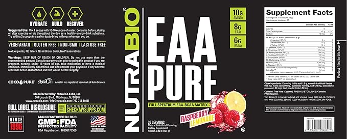 NutraBio – EAA Pure – 9 Amino Acids – Muscle Repair and Recovery 30 Servings Raspberry Lemonade – Pre or Post Workout – All Day Recovery