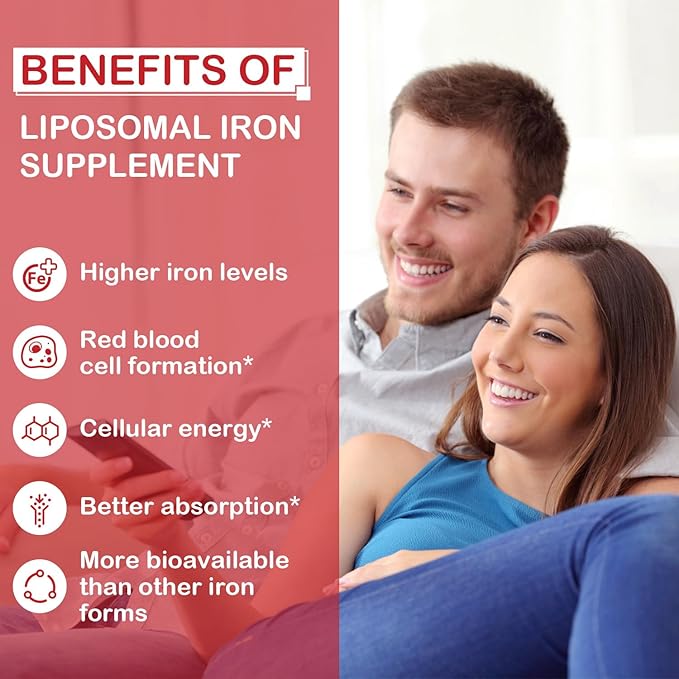 Liposomal Fe Iron Supplement for Women 65 mg Iron Supplement with Folic Acid &amp Vitamin B12 for Men Daily Blood &amp Energy Support for Adults Iron Deficiency 60 Softgels (1 Bottle)