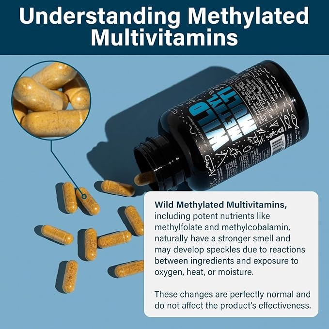 Wild Methylated Multivitamin for Women &amp Men | Daily Multi Vitamin | MTHFR Supplement Without Iron | Methylated B12 Folate Vitamin C A K2 D E Choline Biotin ALA CoQ10 &amp More (Pack of