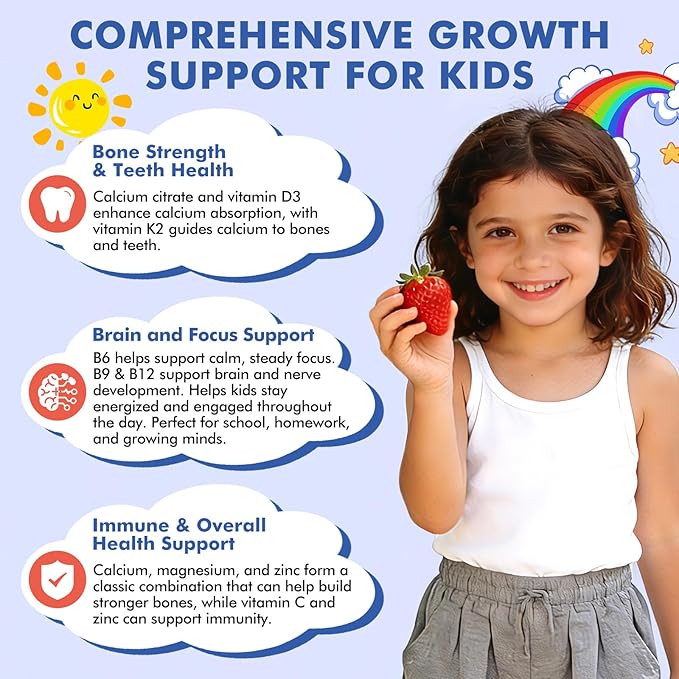 Kids Calcium Citrate Gummies with Vitamin D3 Supplement Calcium Citrate 300/600 mg with Magnesium Zinc &amp Multivitamin for Kids 4+ &amp Teens Support Bone Muscle &amp Digestive Health Sugar Fr