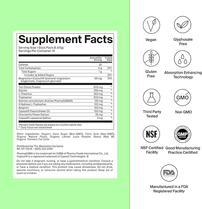 Sleep Aid Powder - Calming Drink for Deep Sleep with Liposomal Saffron Magnesium &amp PharmaGABA Melatonin-Free Natural Supplement to Reduce Stress and Improve Sleep Quality Chamomile Lemonade 14 St