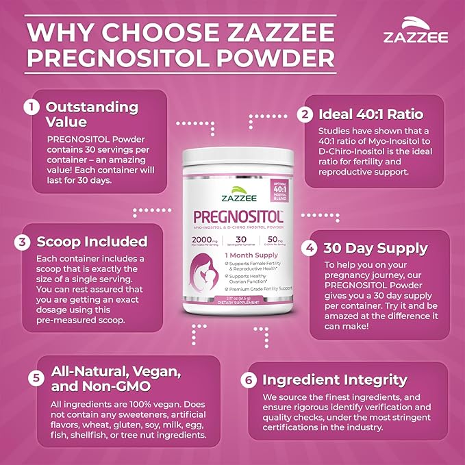 Zazzee PREGNOSITOL Powder 30 Day Supply Myo-Inositol and D-Chiro-Inositol 40:1 Fertility Blend Free Scoop for Exact Dosage Premium Balanced Formula 30 Servings Vegan All-Natural and Non-GMO