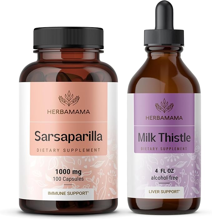 HERBAMAMA Sarsaparilla and Milk Thistle Kit - Bundle of 1000mg Sarsaparilla Root Capsules &amp Milk Thistle Extract Tincture 4 fl oz - Vegan Non GMO Sugar &amp Alcohol-Free - 2 Pack