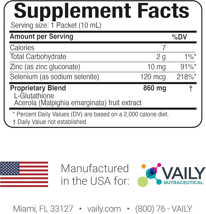 Vaily Immune Support Supplement for Adults - Liquid Glutathione Supplement 500 mg w/Acerola Vitamin C Zinc &amp Selenium - High Potency Antioxidant Skin Health Detox Every Day - 30 Single-dose Vial