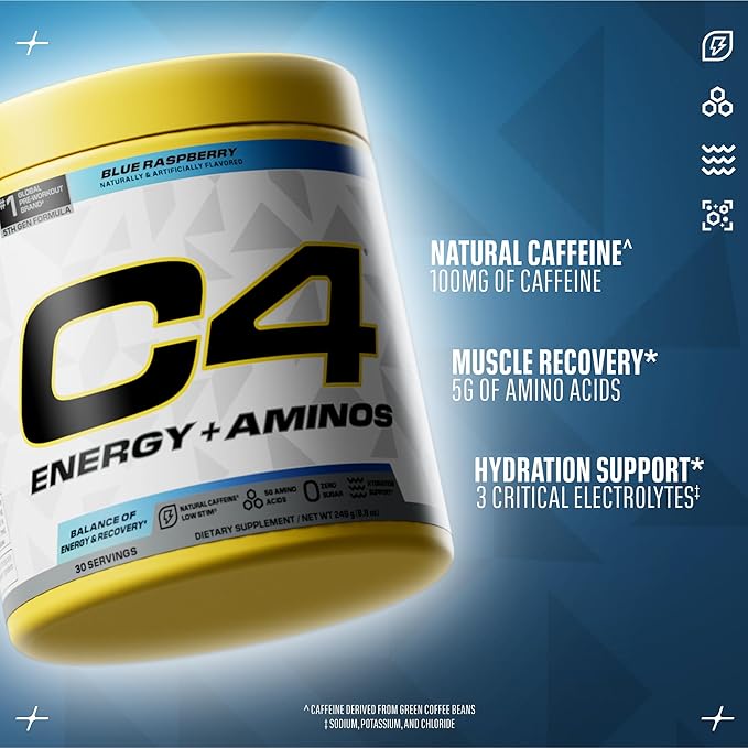 C4 Energy + Aminos Powder 5g BCAAs &amp EAAs for Muscle Recovery 3 Electrolytes for Hydration 100mg Natural Caffeine Pre Workout Zero Sugar 30 Servings Blue Raspberry