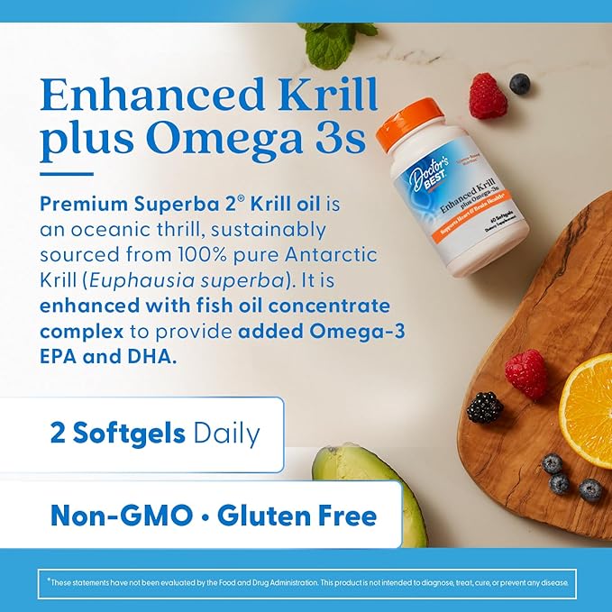 Doctor's Best Antarctic Krill Oil Plus Omega 3s - Krill Supplement for Men &amp Women Enhanced with Fish Oil Contains Omega-3 Fatty Acids DHA &amp EPA Supports Brain &amp Heart Health - 60 Ct S