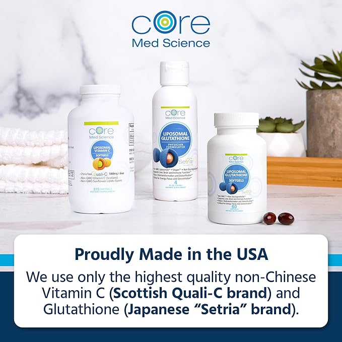 Core Med Science Liposomal Glutathione Supplement (500mg 60 Capsules) - Pure Reduced Setria with Phospholipid Complex - Antioxidant Supplement for Energy Brain Health Skin &amp Liver Health